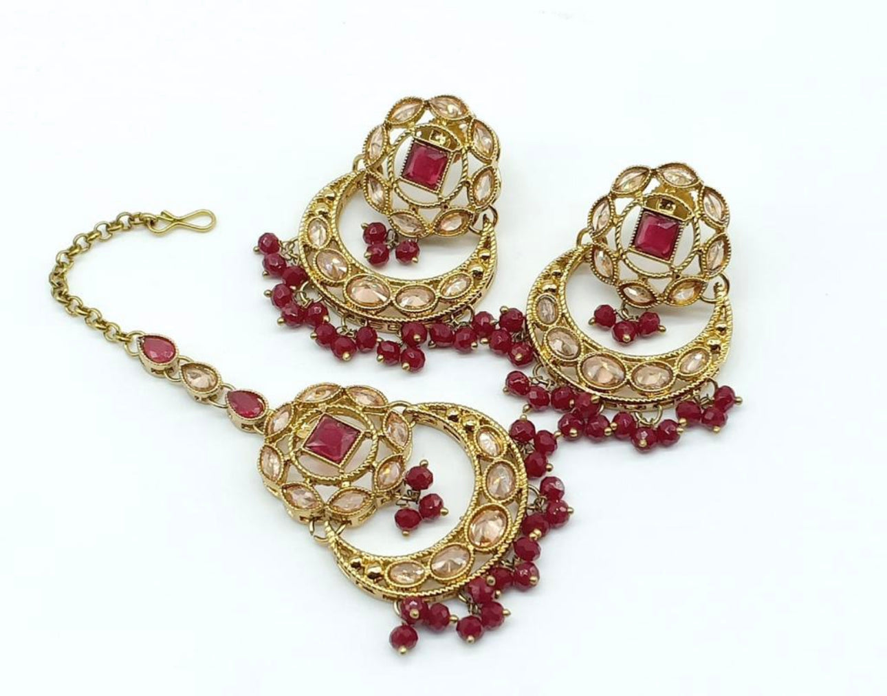 Quality Polki Earrings With Tikka (Gold Toned)