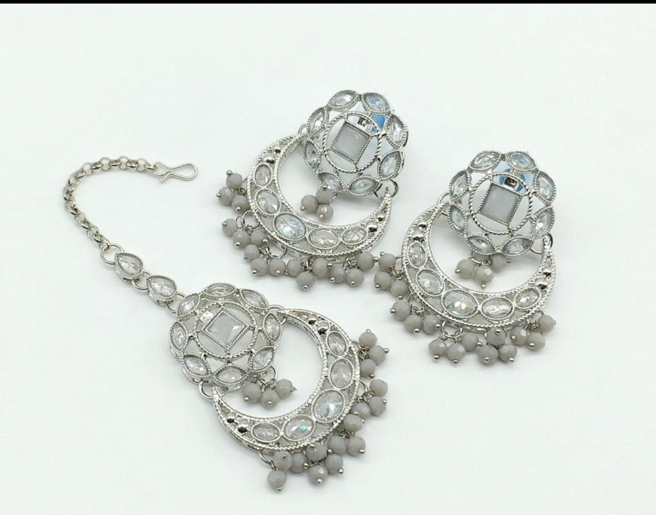 Quality Polki Earrings Set Silver Toned