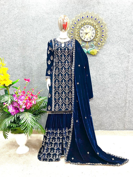 High-End Velvet Sharara Suit With Pearl & Tilla Embroidery