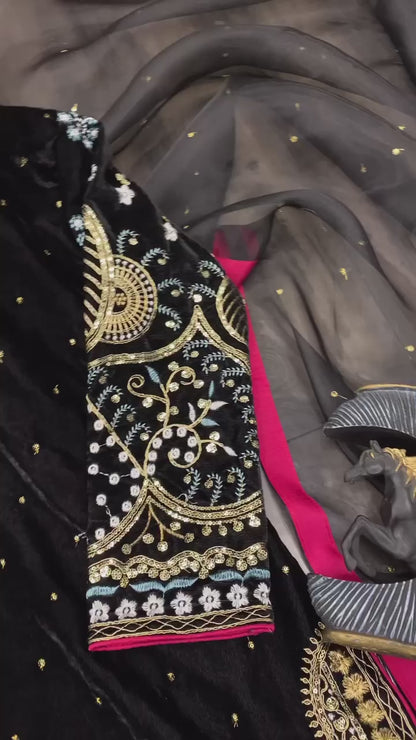 Stylish Velvet Suit With Beautiful Embroidery