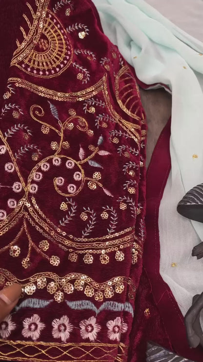 Stylish Velvet Suit With Beautiful Embroidery