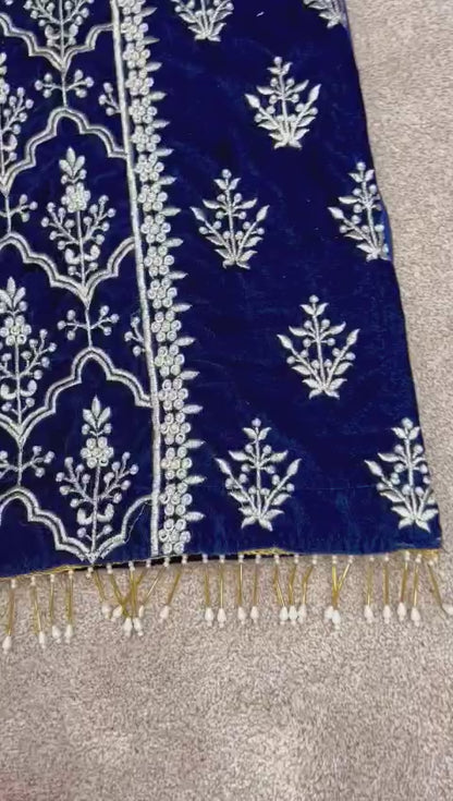 High-End Velvet Sharara Suit With Pearl & Tilla Embroidery