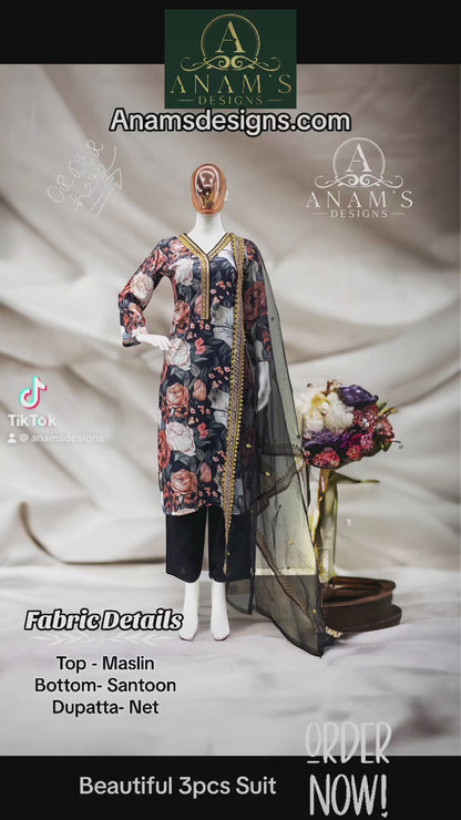 Beautiful Maslin Fabric Kurti Set (3pcs)