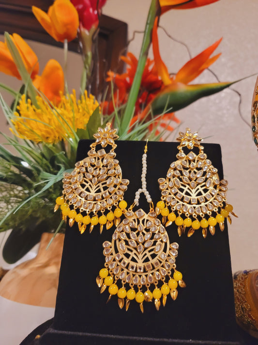 Kundan beaded and Pippal Patti Earrings & Tikka set