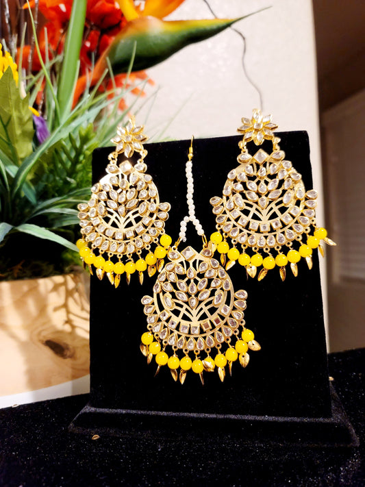 Kundan beaded and Pippal Patti Earrings & Tikka set