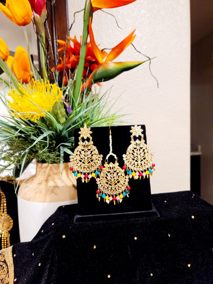 Kundan beaded and Pippal Patti Earrings & Tikka set