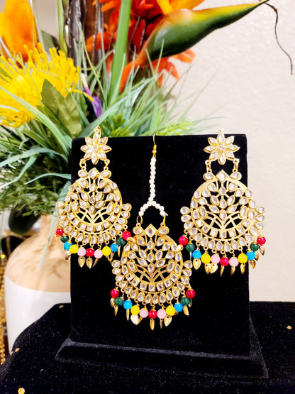 Kundan beaded and Pippal Patti Earrings & Tikka set