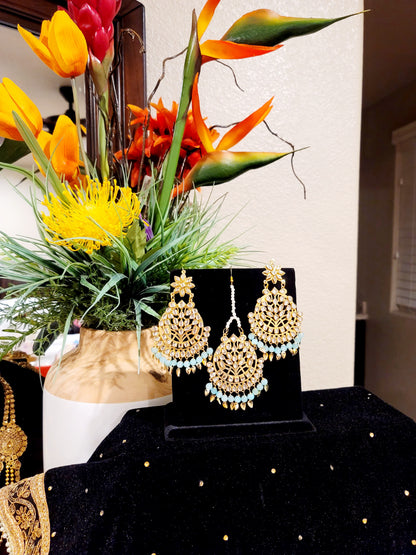 Kundan beaded and Pippal Patti Earrings & Tikka set