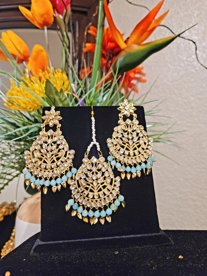 Kundan beaded and Pippal Patti Earrings & Tikka set