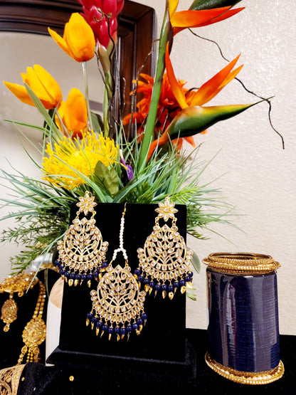 Kundan beaded and Pippal Patti Earrings & Tikka set