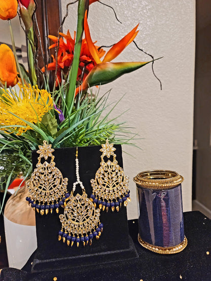 Kundan beaded and Pippal Patti Earrings & Tikka set