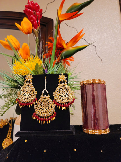 Kundan beaded and Pippal Patti Earrings & Tikka set