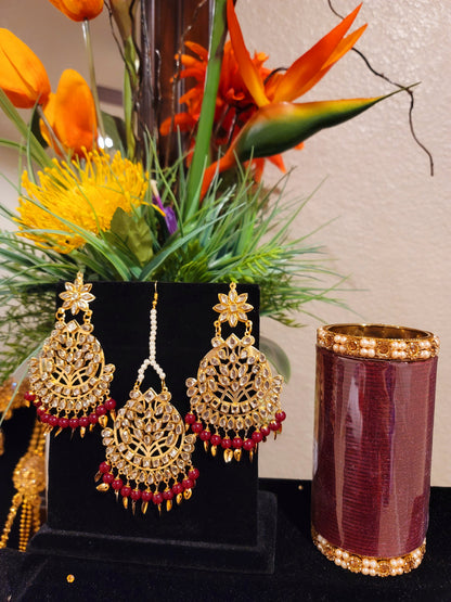 Kundan beaded and Pippal Patti Earrings & Tikka set