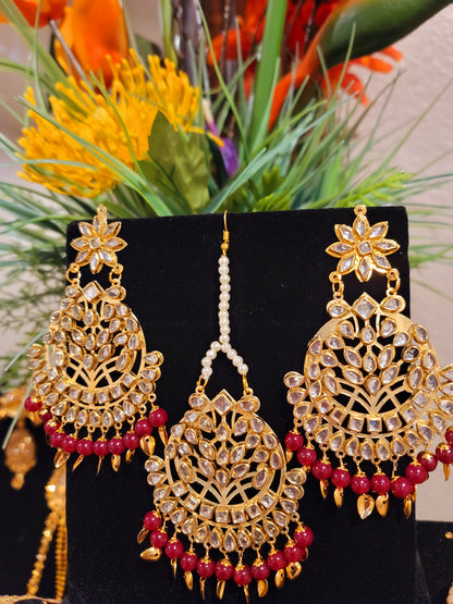 Kundan beaded and Pippal Patti Earrings & Tikka set
