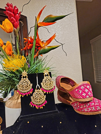 Kundan beaded and Pippal Patti Earrings & Tikka set