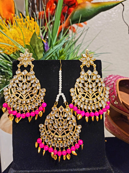 Kundan beaded and Pippal Patti Earrings & Tikka set