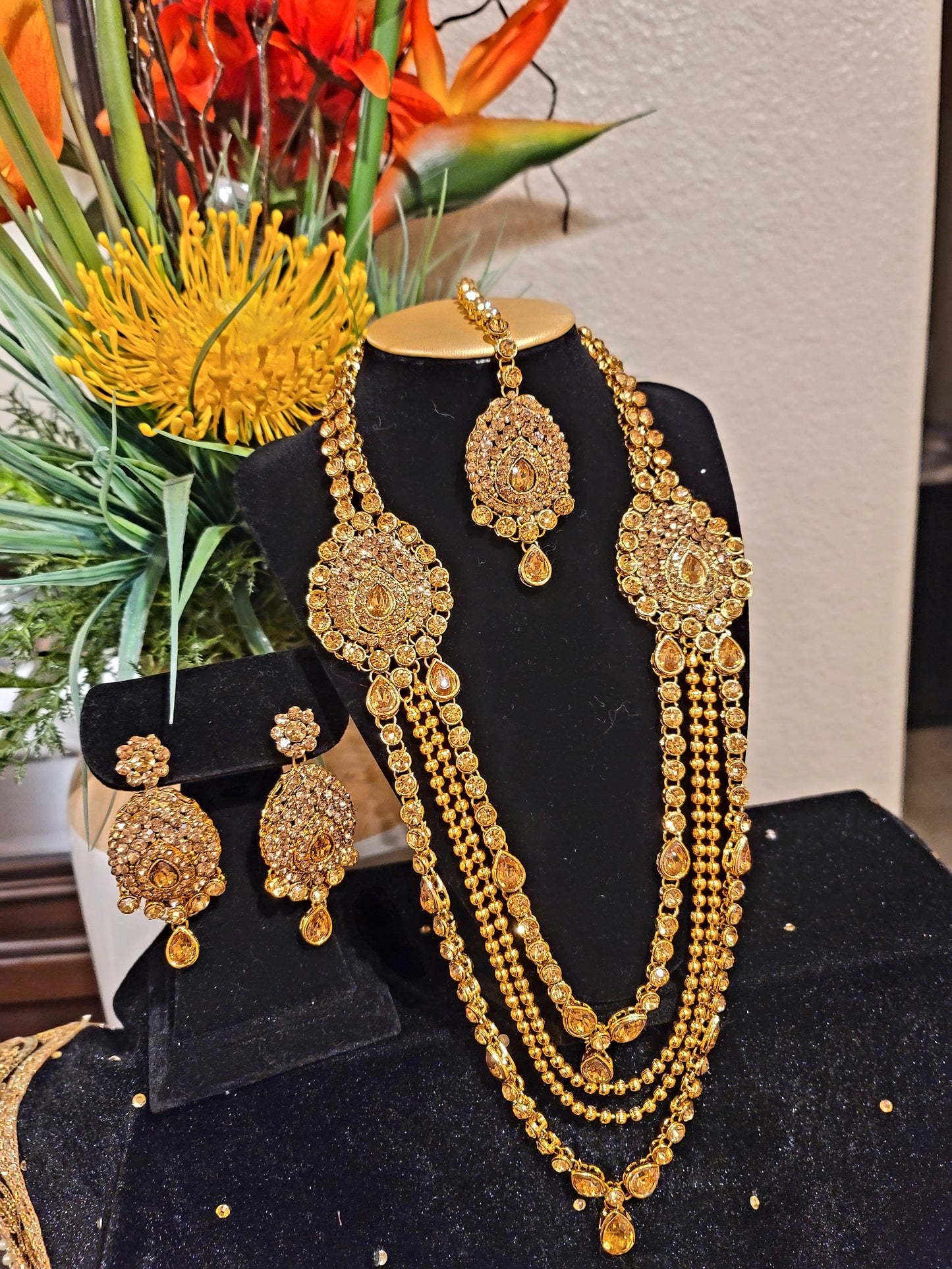 Long layered necklace and Earrings set with Tikka