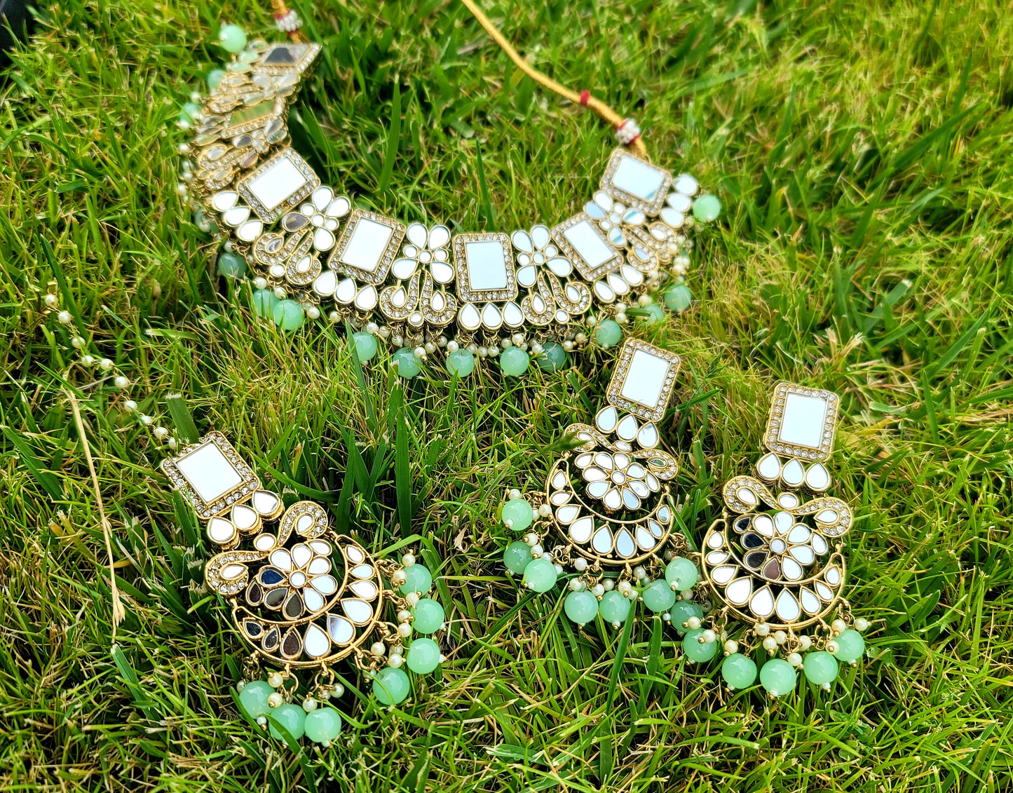 Mirror Necklace Set With American Diamond