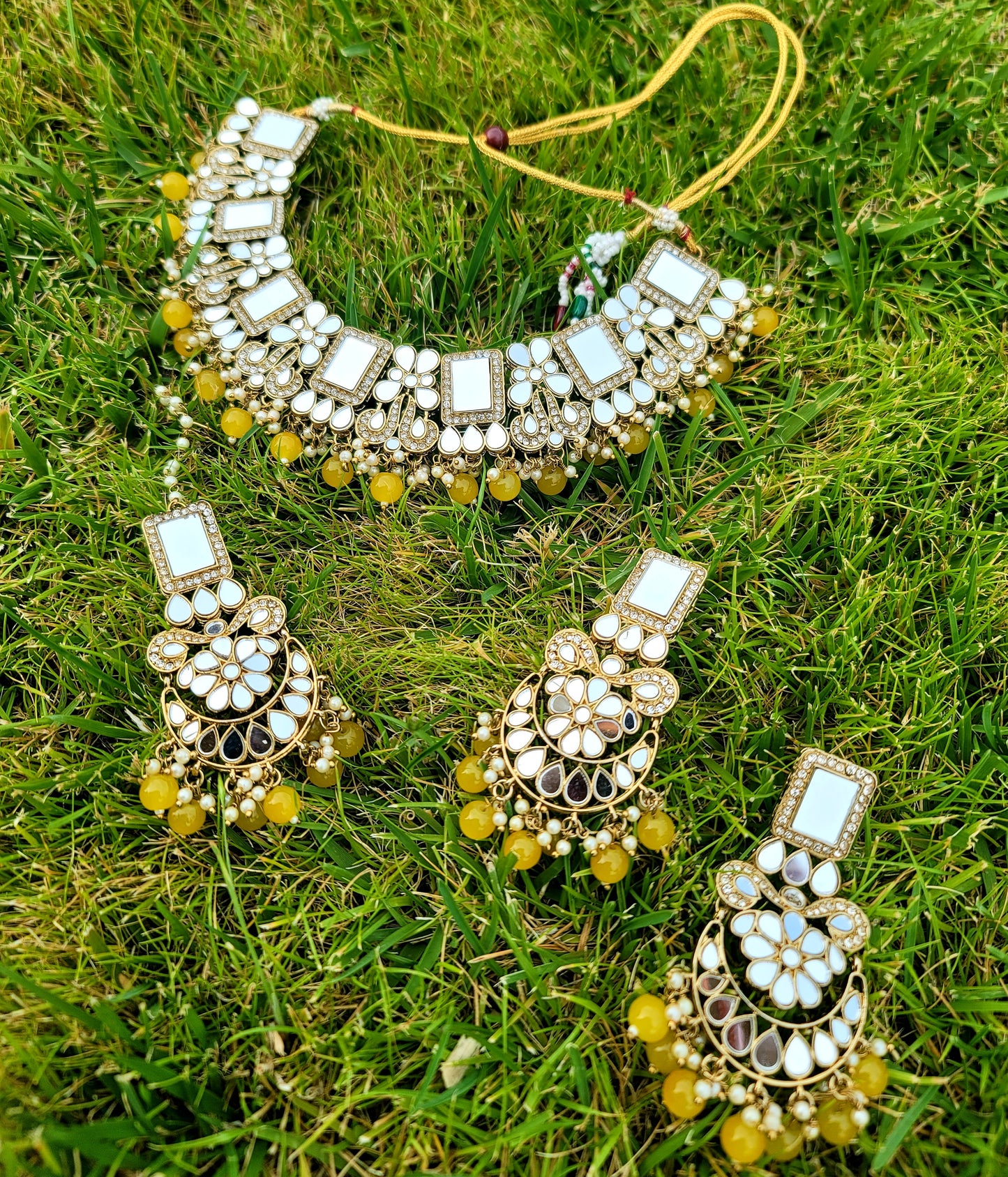 Mirror Necklace Set With American Diamond