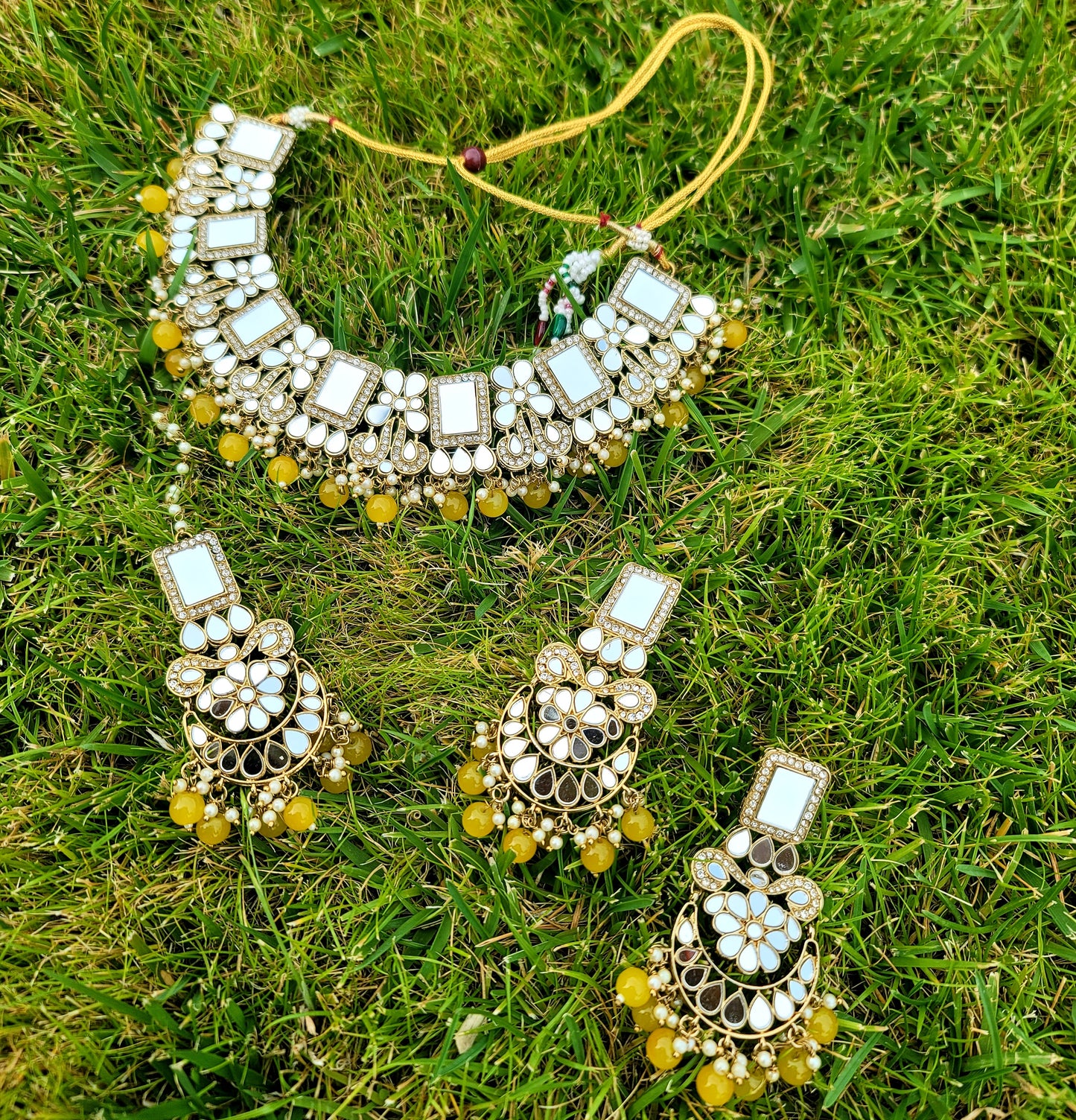 Mirror Necklace Set With American Diamond