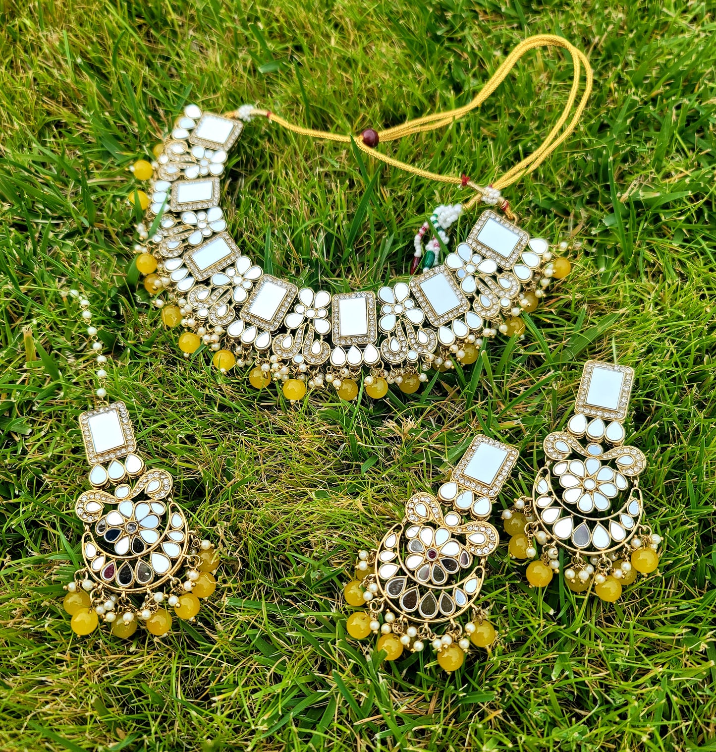 Mirror Necklace Set With American Diamond