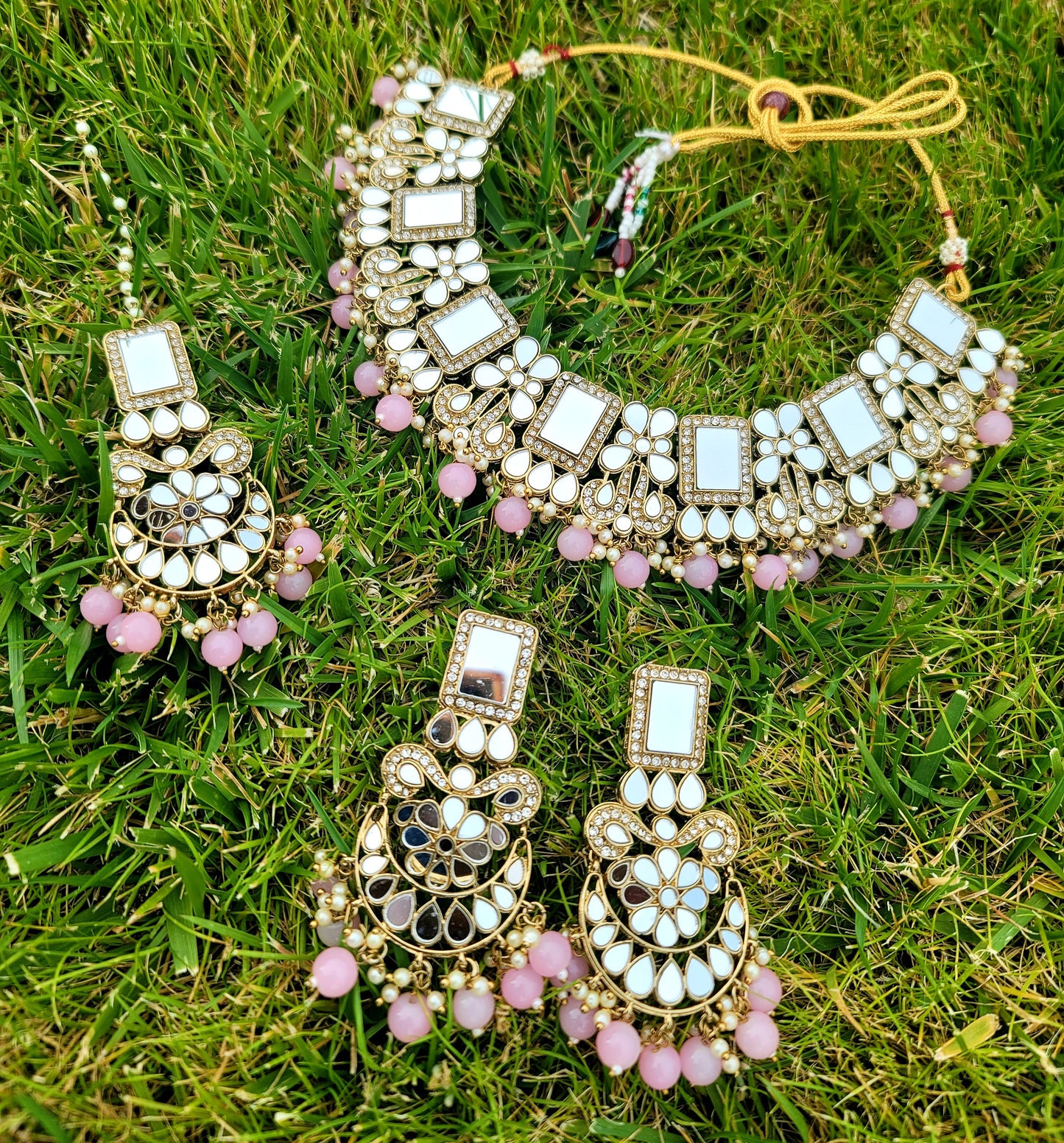 Mirror Necklace Set With American Diamond