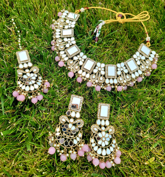 Mirror Necklace Set With American Diamond