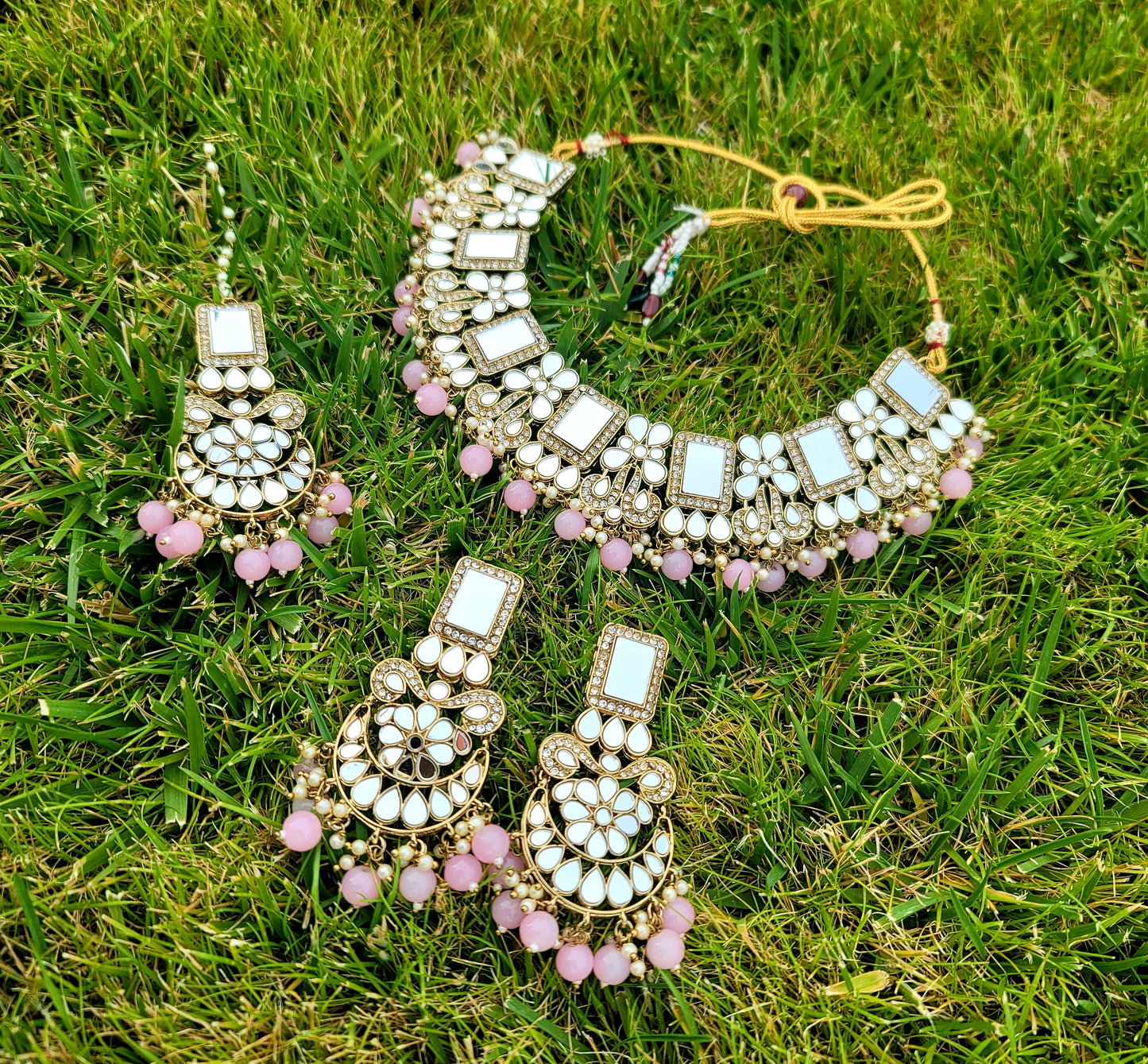 Mirror Necklace Set With American Diamond