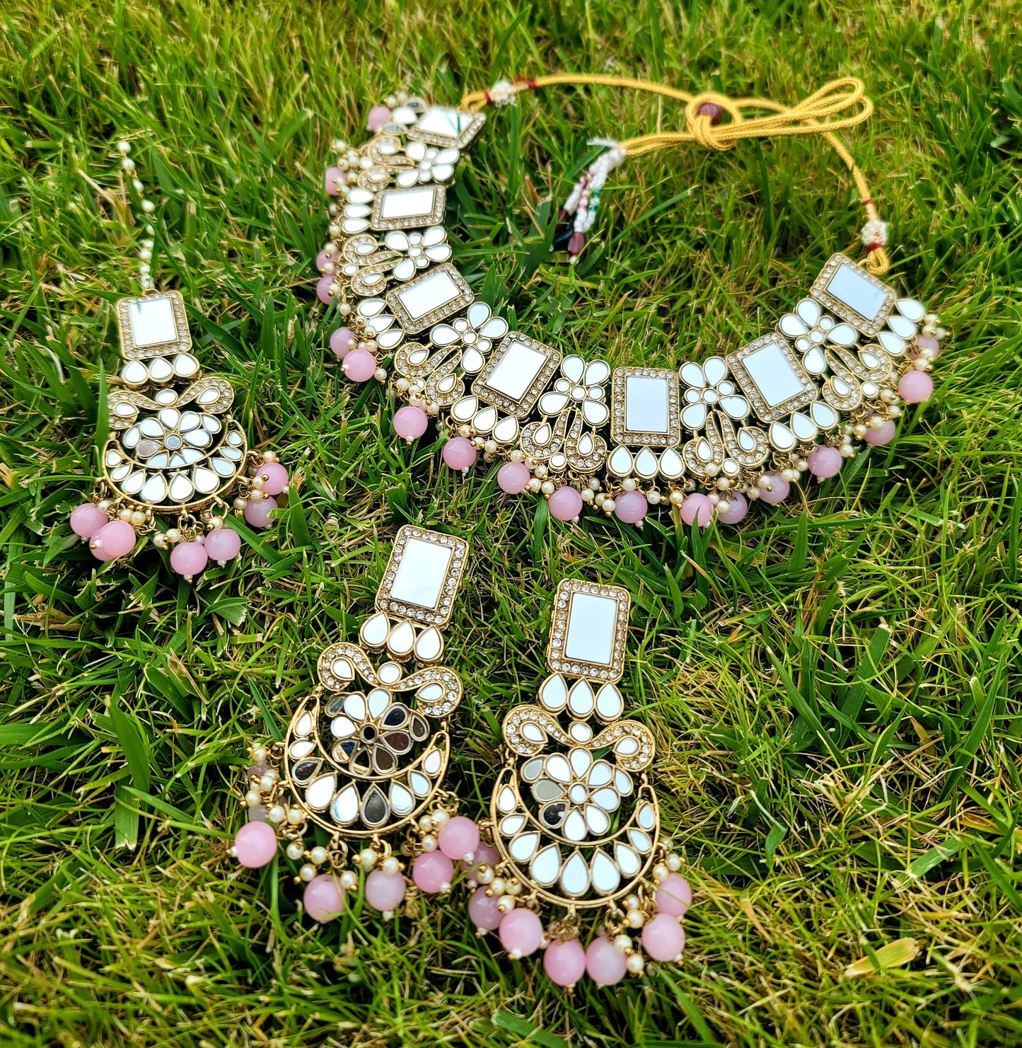 Mirror Necklace Set With American Diamond