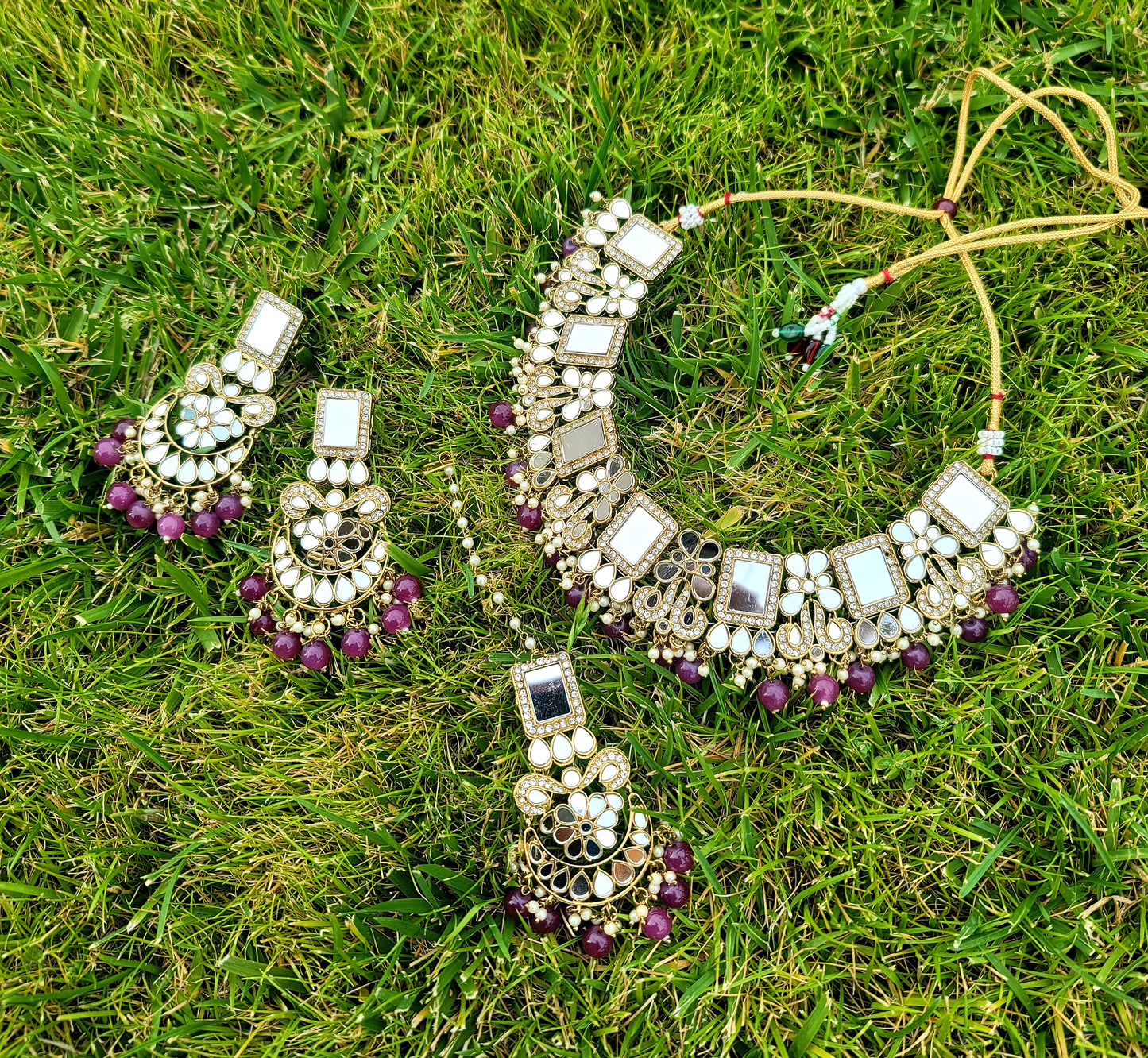 Mirror Necklace Set With American Diamond