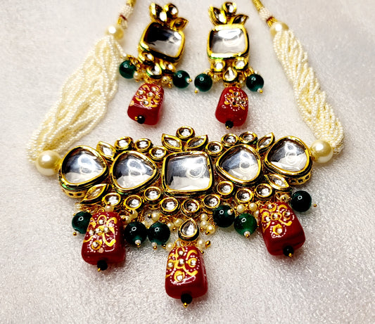 Designer Uncut Dabbi Kundan Choker Set With Rice beads image 3