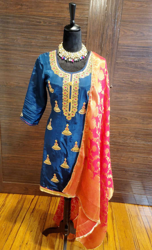 Designer Jhumki Concept Punjabi Suit With Banarasi Silk Dupatta
