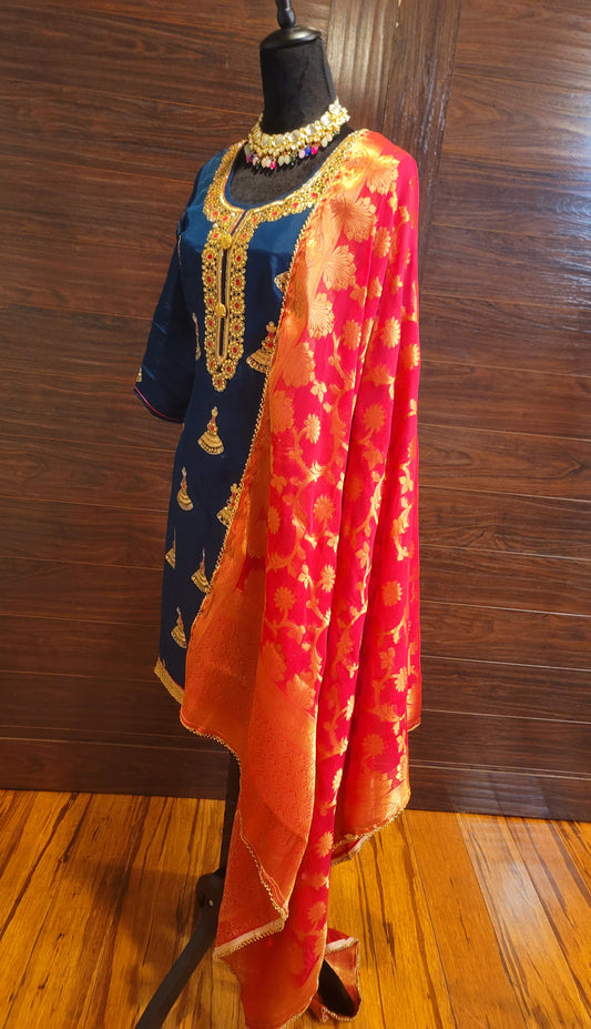 Designer Jhumki Concept Punjabi Suit With Banarasi Silk Dupatta image 3
