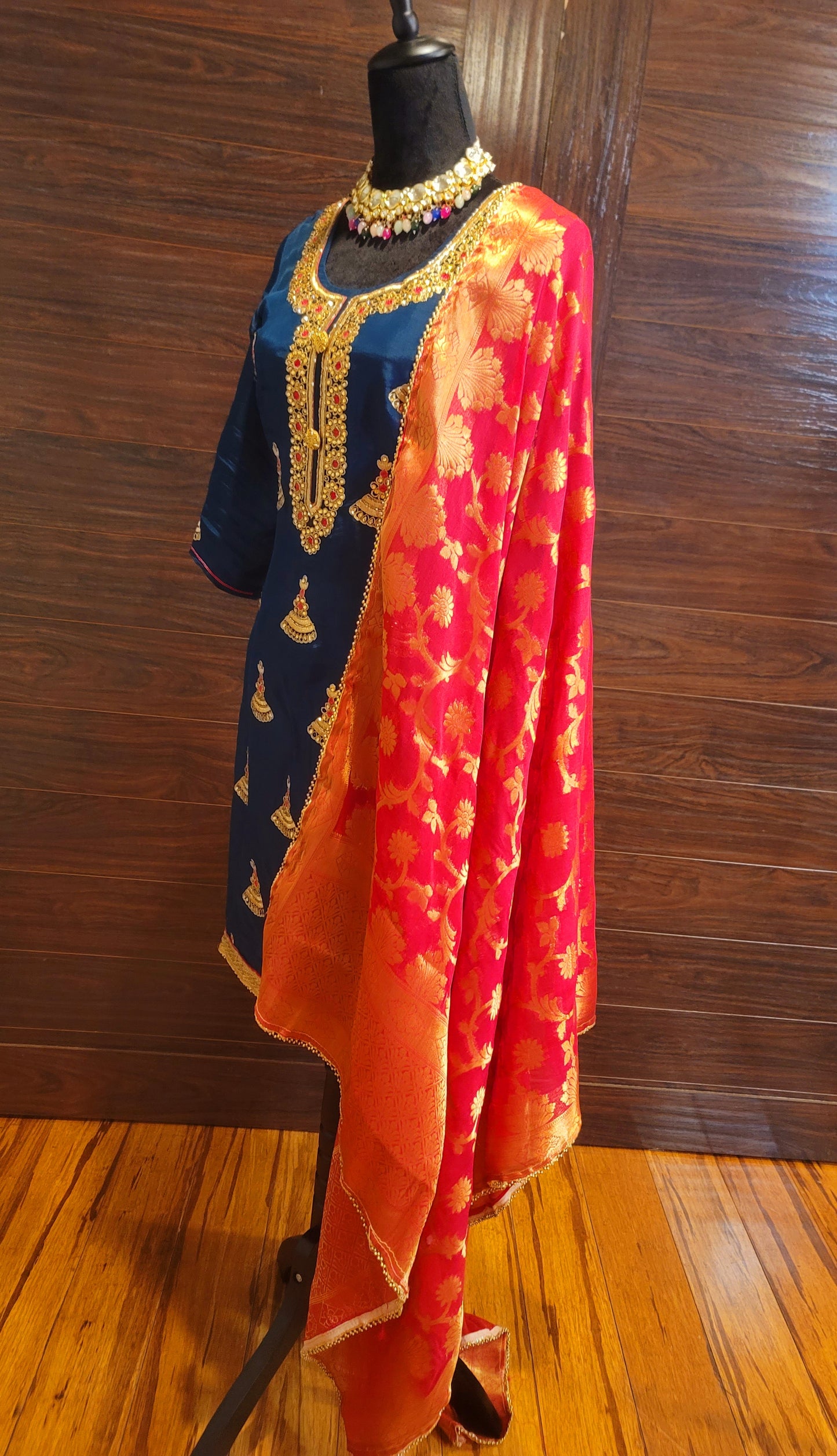 Designer Jhumki Concept Punjabi Suit With Banarasi Silk Dupatta