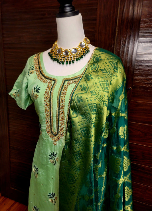 Stylish Punjabi Suit With Banarasi Silk Dupatta