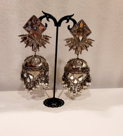 Afghani Silver Mandala Jhumki Set.
