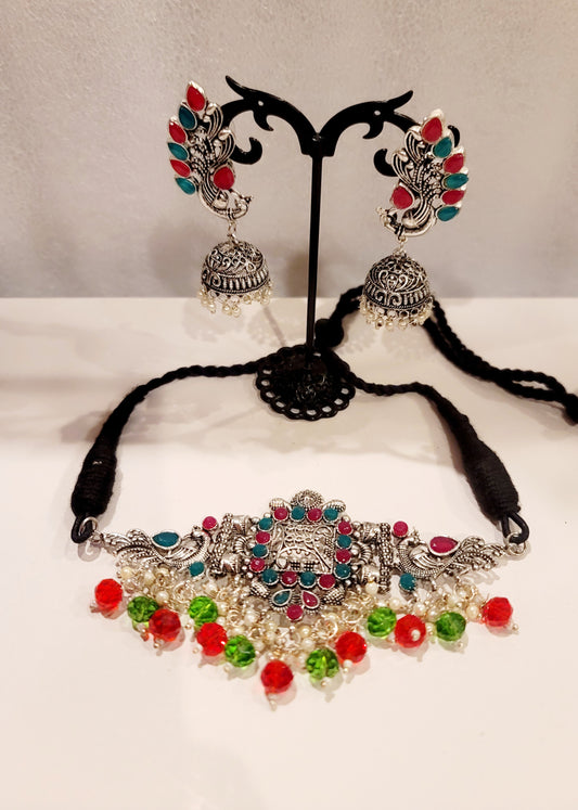 Oxidized Silver Peacock Designed Choker Set