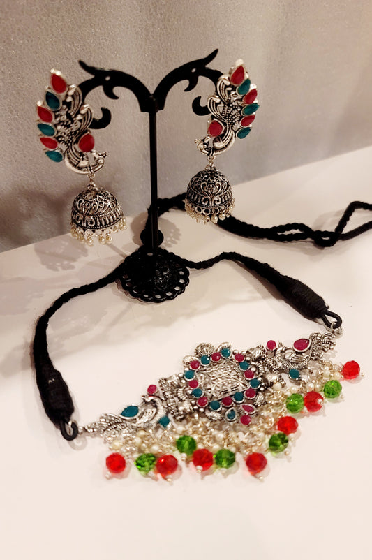 Oxidized Silver Peacock Designed Choker Set