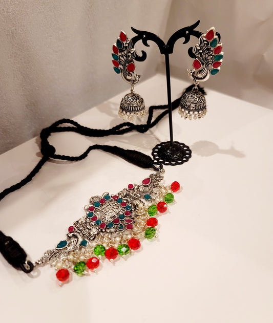 Oxidized Silver Peacock Designed Choker Set image 3