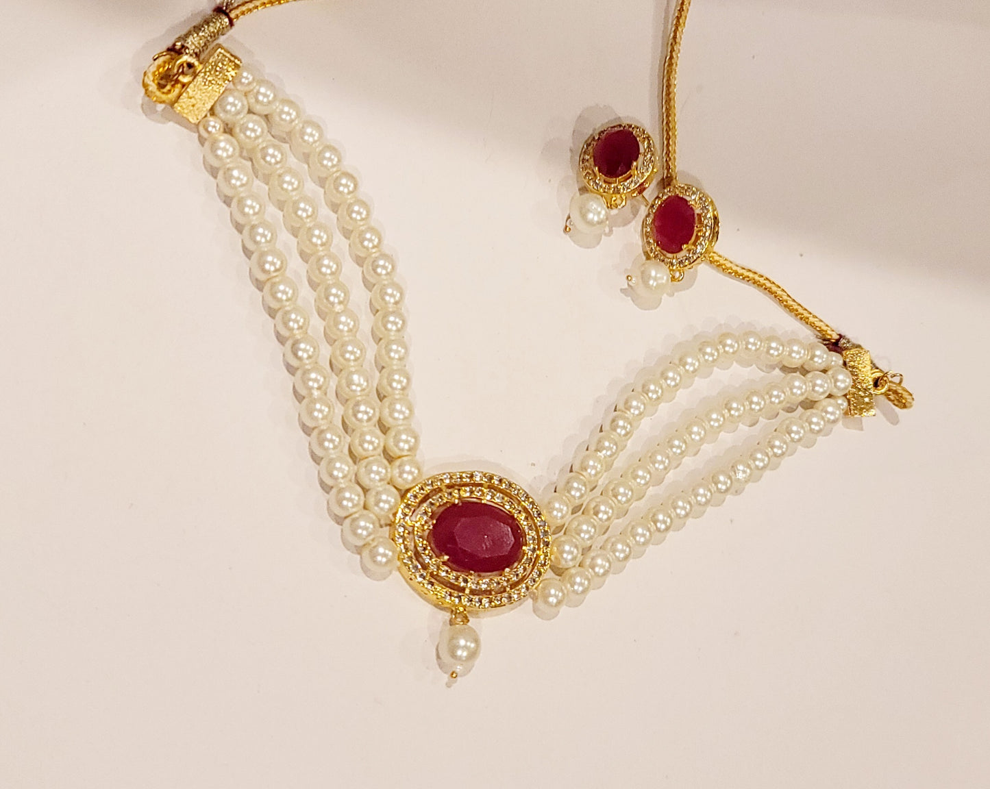 AD With Ruby Stone & Pearl Choker Set