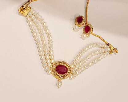 AD With Ruby Stone & Pearl Choker Set