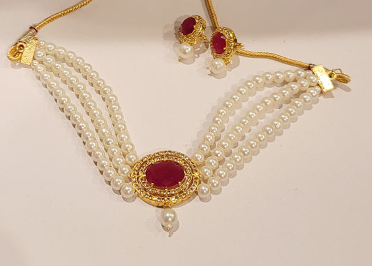 AD With Ruby Stone & Pearl Choker Set