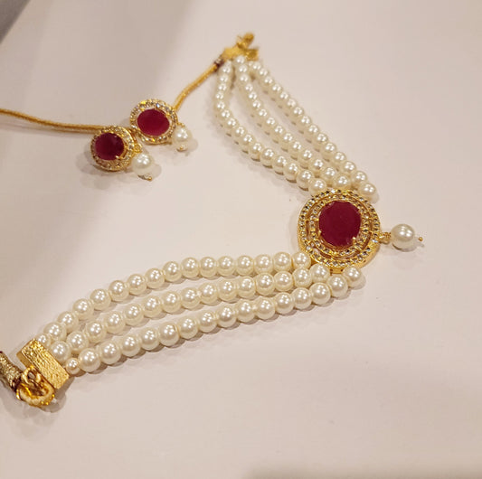 AD With Ruby Stone & Pearl Choker Set