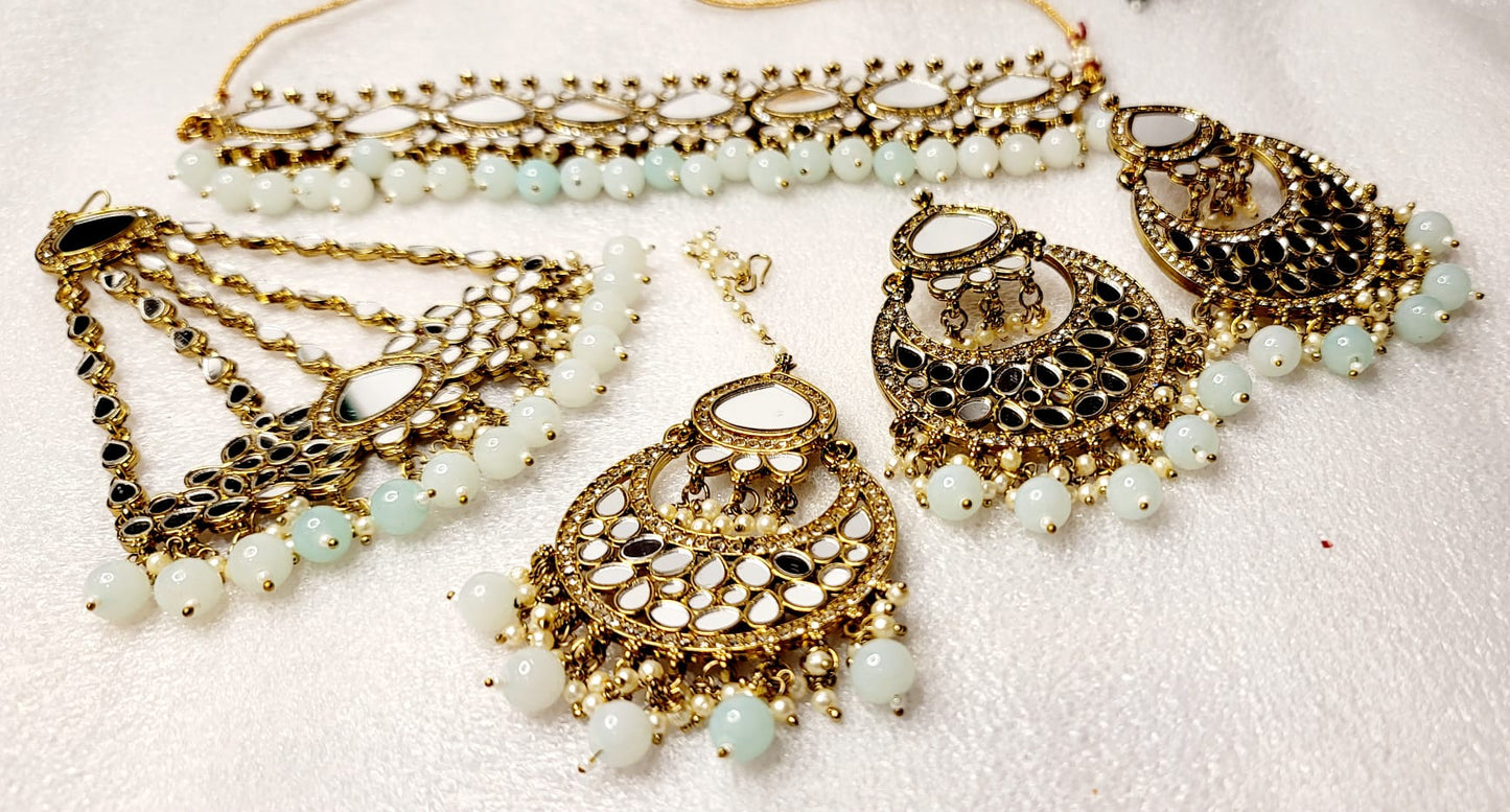 Royal Bridal AD Stones & Real Miror Choker Set With Bonus Side Tikka.