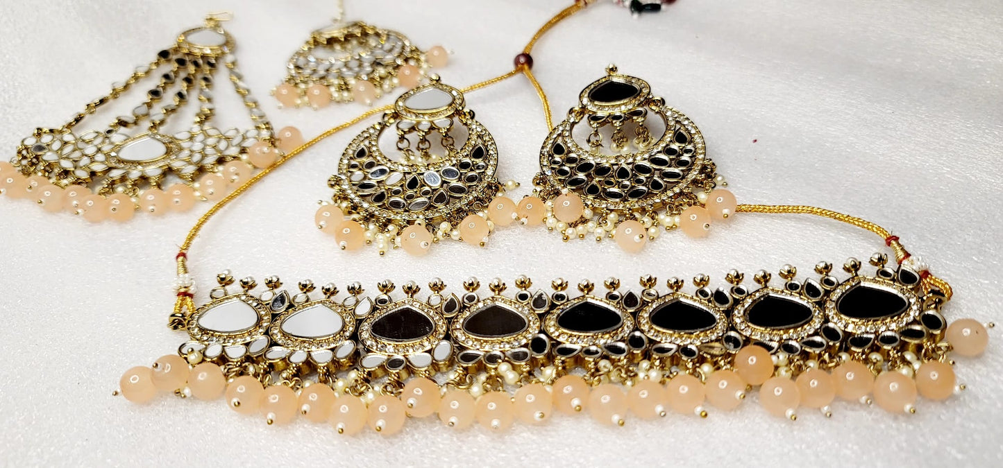 Royal Bridal AD Stones & Real Miror Choker Set With Bonus Side Tikka.