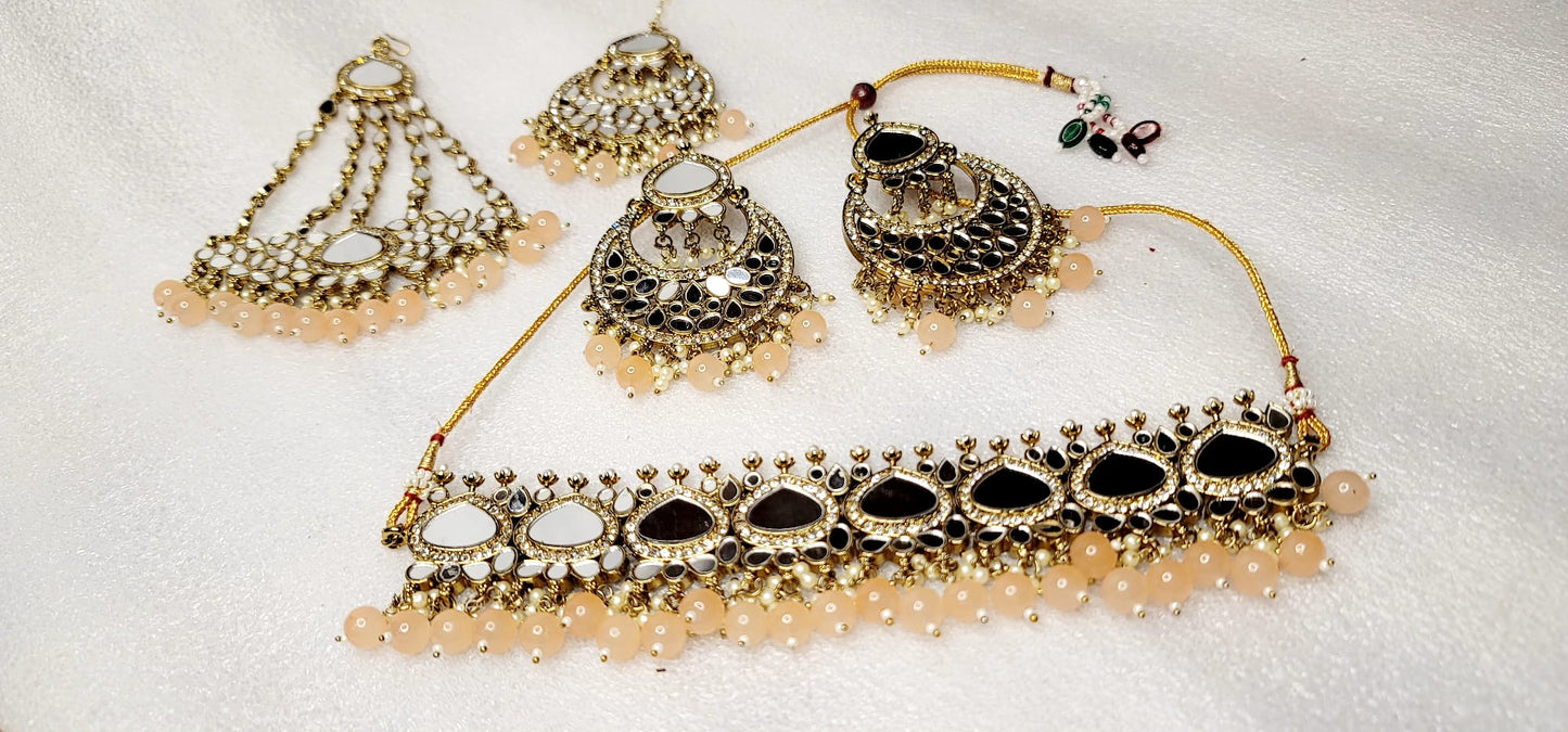 Royal Bridal AD Stones & Real Miror Choker Set With Bonus Side Tikka.