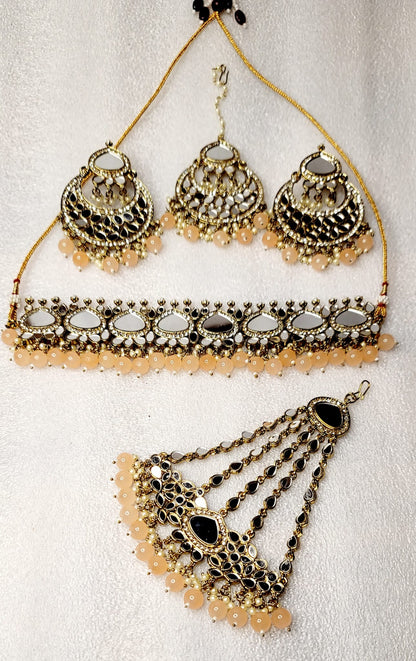 Royal Bridal AD Stones & Real Miror Choker Set With Bonus Side Tikka.