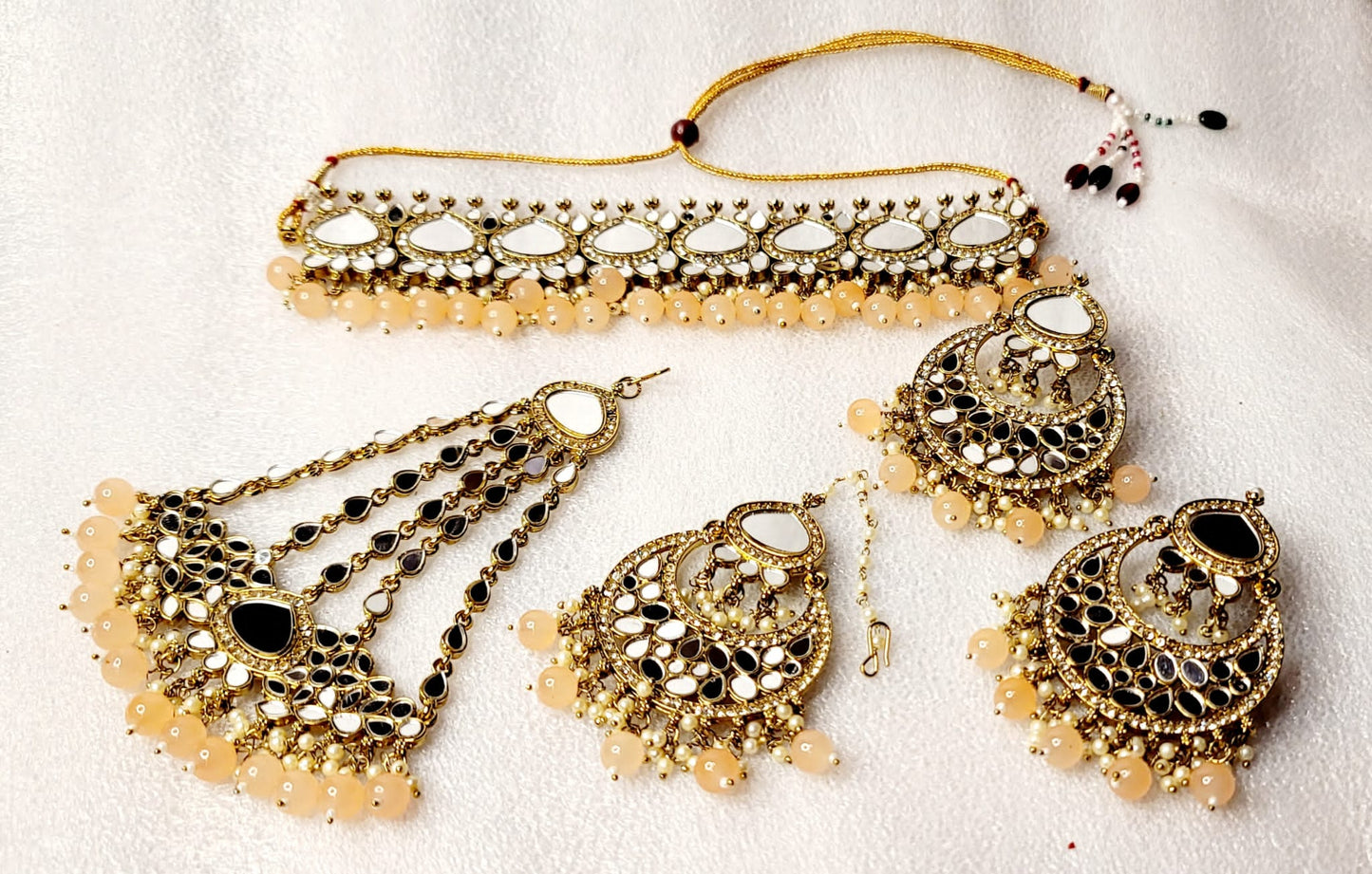 Royal Bridal AD Stones & Real Miror Choker Set With Bonus Side Tikka.