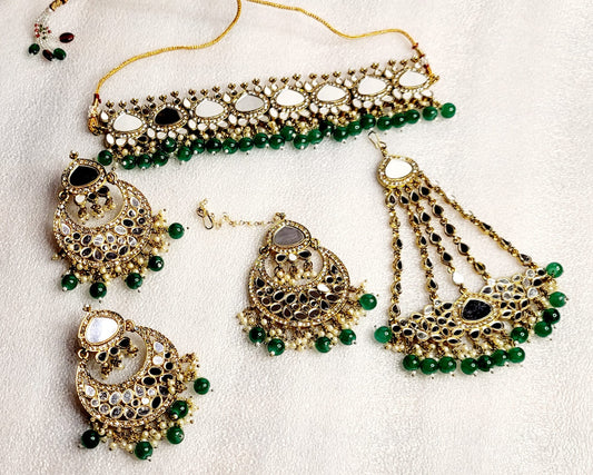 Royal Bridal AD Stones & Real Miror Choker Set With Bonus Side Tikka.