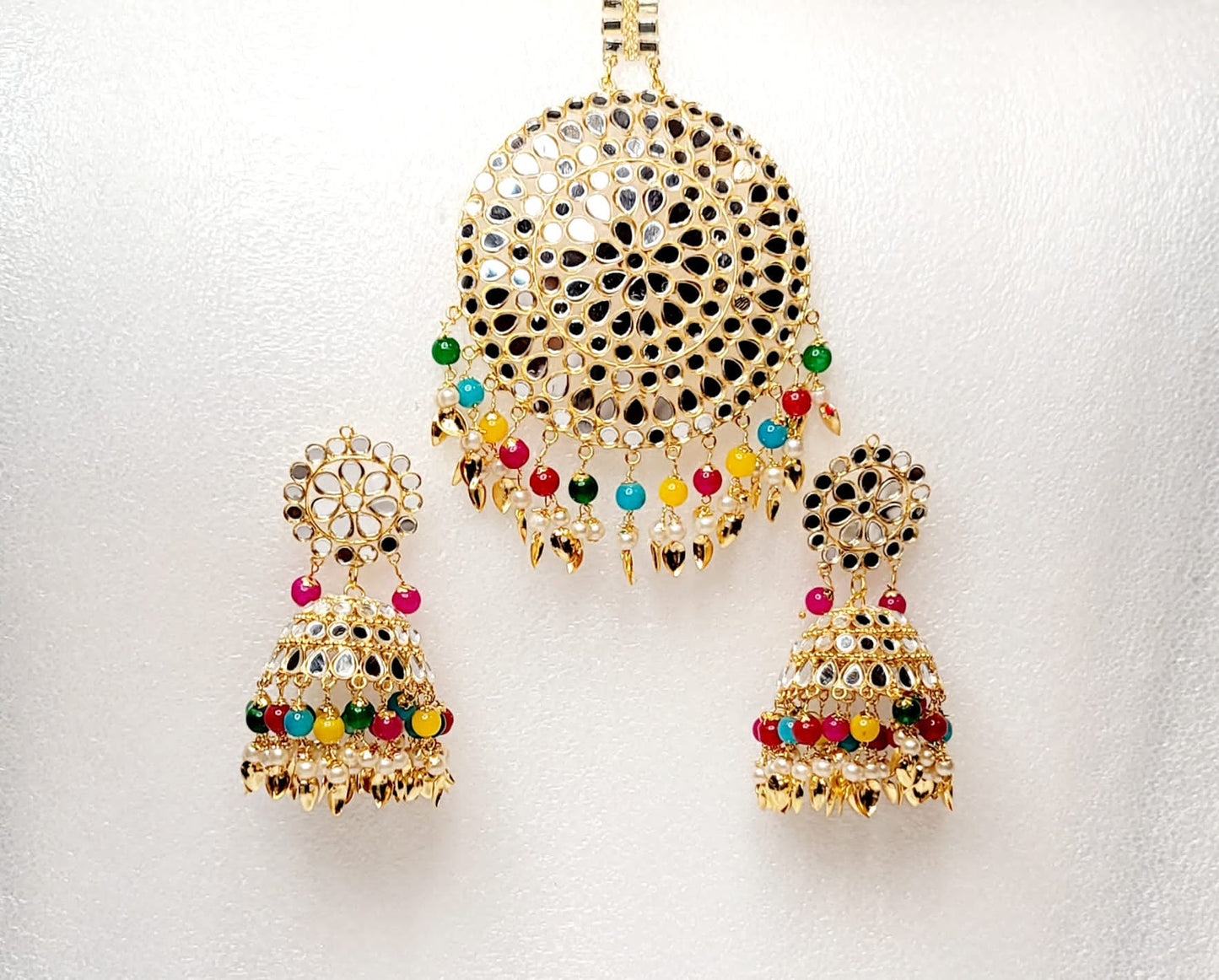 Mirror Jhumki & Oversized Tikka Set